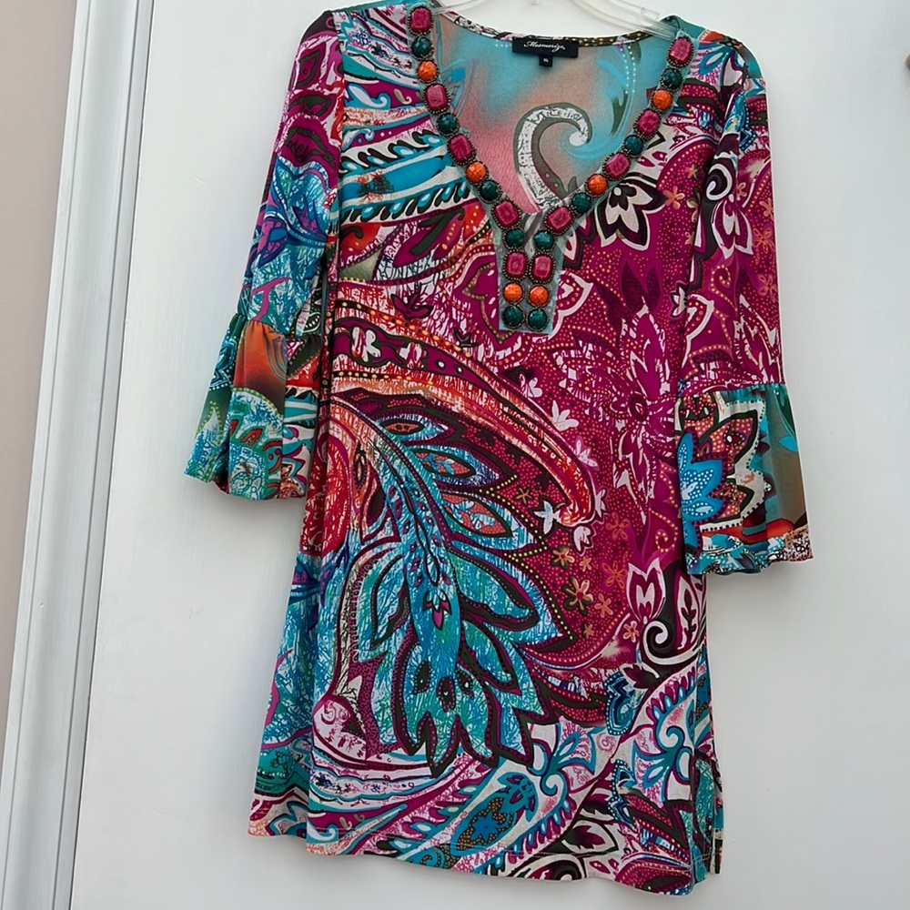 Mesmerize Multicolor Paisley Ethnic Boho Print 3/4 Sleeve Jeweled V neck Blouse